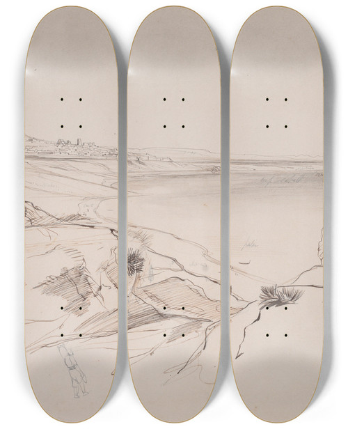 Triptych art skateboard deck of Edward Lear View Of Sciacca Sicily by Edward Lear (1812-1888)