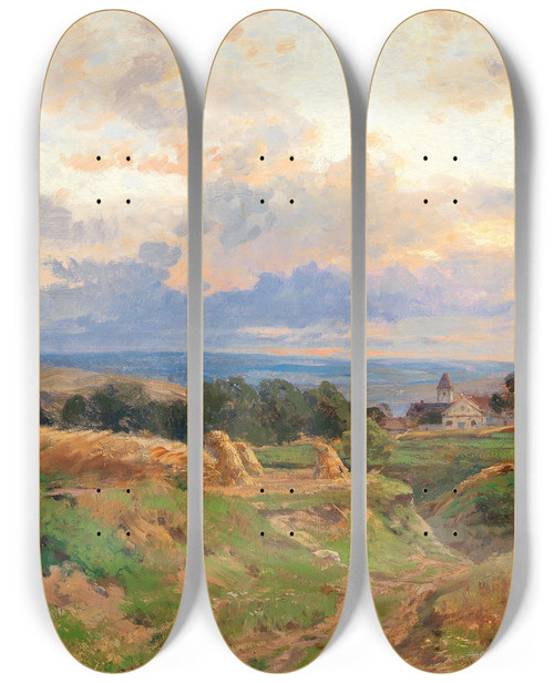 Triptych art skateboard deck of Hugo Darnaut West Of Vienna by Hugo Darnaut (1850-1937)