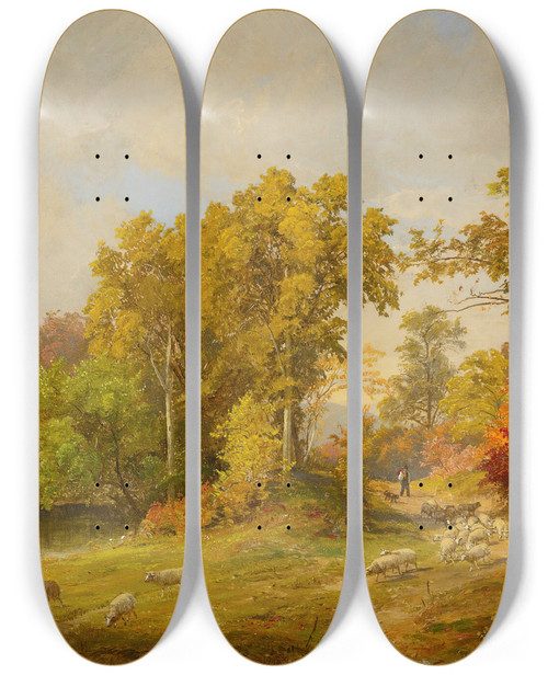 Triptych art skateboard deck of Jasper Francis Cropsey Autumn Landscape With Shepherd Dog And Sheep by Jasper Francis Cropsey (1823-1900)