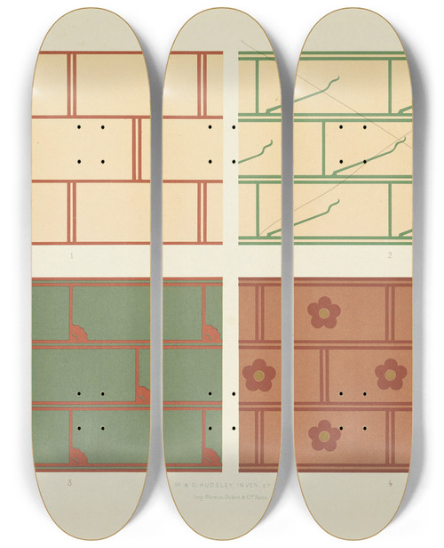 Triptych art skateboard deck of George Ashdown Audsley Polychromatic Decoration As Applied To Buildings In The Medival Styles Pl03 by George Ashdown Audsley (1838-1925)