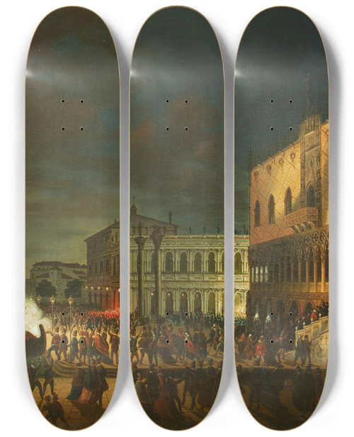 Triptych art skateboard deck of Giovanni Grubacs Venice A Feast On The Piazzetta At Night by Giovanni Grubacs (1829-1919)