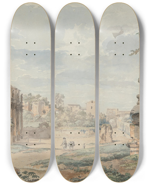 Triptych art skateboard deck of Carlo Labruzzi Part Of The Colosseum With The Arch Of Constantine And Arch Of Titus In The Distance Rome by Carlo Labruzzi (1748-1817)