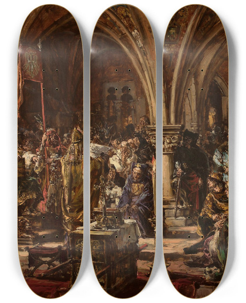 Triptych art skateboard deck of Jan Matejko The First Parliament In Czyca From The Series History Of Civilization In Poland by Jan Matejko (1838-1893)