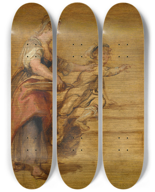 Triptych art skateboard deck of Peter Paul Rubens Kitchen Maid Butcher And Boy Around A Table by Peter Paul Rubens (1577-1640)