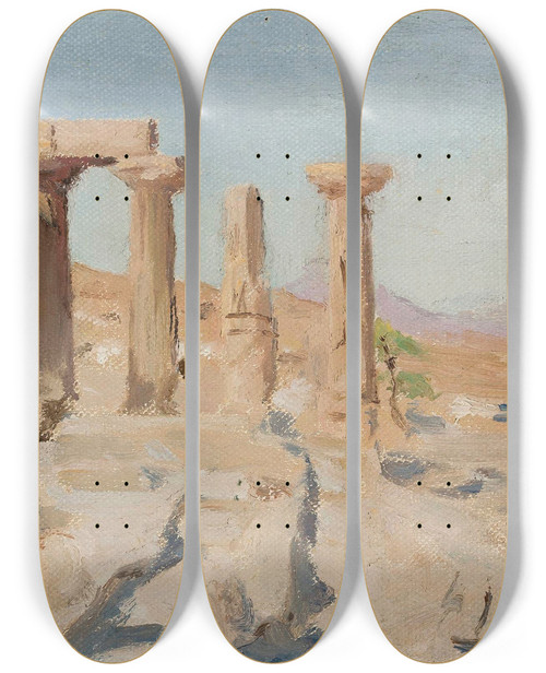 Triptych art skateboard deck of Jan Cigliski Temple Of Apollo And Mount Parnassus In Corinth From The Journey To Greece by Jan Ciaglinski (1858-1913)