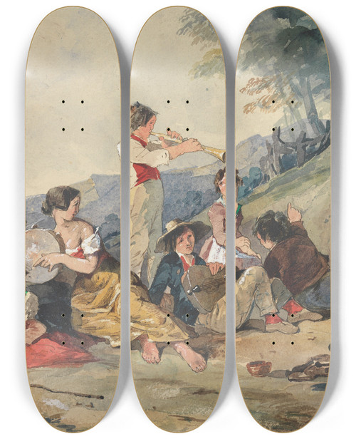 Triptych art skateboard deck of John Absolon Group Of Peasants With Musical Instruments by John Absolon