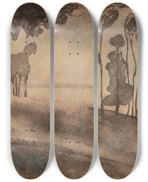 Triptych art skateboard deck of Olof Sagernelson Landscape Trees In Fog by Olof Sager-Nelson (1868-1896)