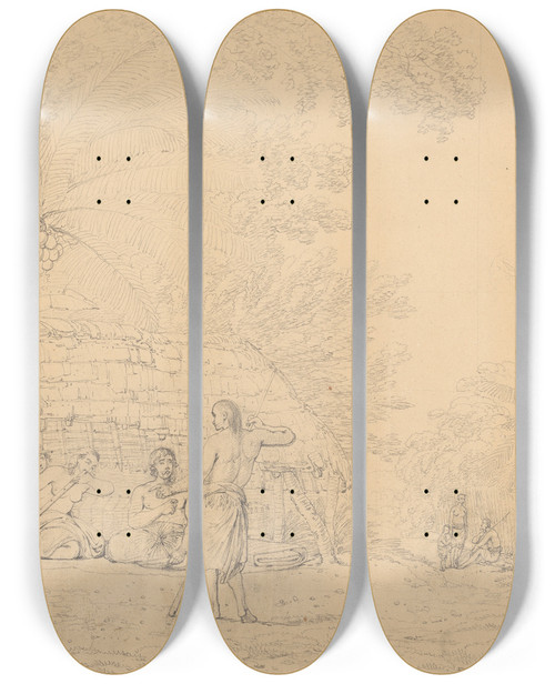 Triptych art skateboard deck of John Webber A View In Annamooka by John Webber (1751-1793)