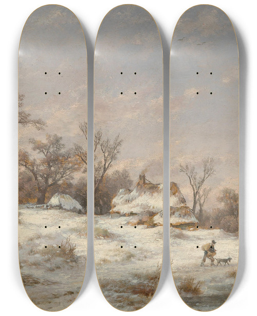 Triptych art skateboard deck of Remigius Adrianus Van Haanen Winter Landscape With Decorative Figures by Remigius Adrianus Van Haanen (1812-1894)