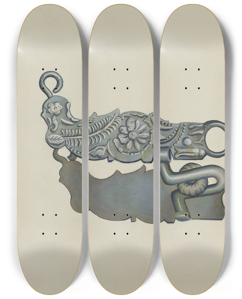 Triptych art skateboard deck of Eva Fox And Harry Mann Waddell Loose Jawed Bit by Eva Fox And Harry Mann Waddell