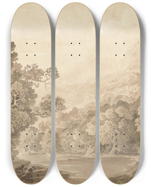 Triptych art skateboard deck of John Martin Forested River Bank Hill Town And Mountain Peaks In Distance by John Martin (1789-1854)