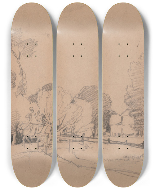 Triptych art skateboard deck of James Duffield Harding Willows By A Stream Horse And Cart Crossing Bridge by James Duffield Harding (1798-1863)
