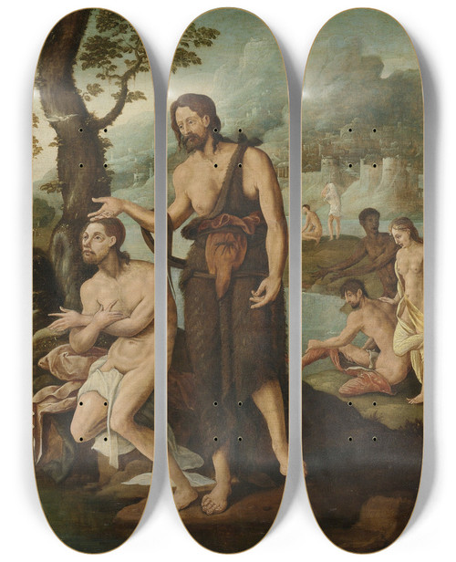 Triptych art skateboard deck of Circle Of Maarten Van Heemskerck The Baptism Of Christ by Circle Of Maarten Van Heemskerck (1498-1574)
