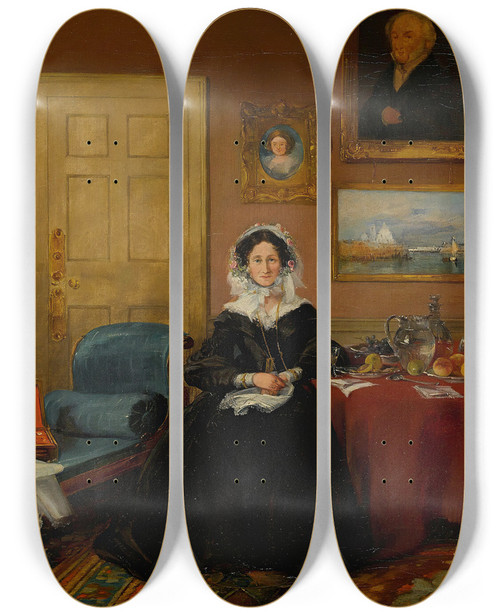 Triptych art skateboard deck of James Holland Portrait Of The Langford Family In Their Drawing Room by James Holland (1800-1870)