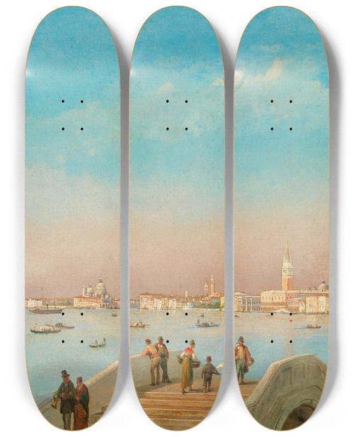 Triptych art skateboard deck of Luigi Querena Venice The Riva Degli Schiavoni_1 by Luigi Querena (1820-1887)