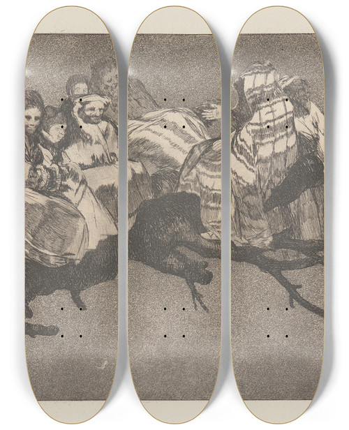 Triptych art skateboard deck of Francisco De Goya To Go Amongst The Branches Ie To Talk Through Ones Hat Ridiculous Folly Andarse Por Las Ramas Disparate Ridiculo by Francisco de Goya (1746-1828)