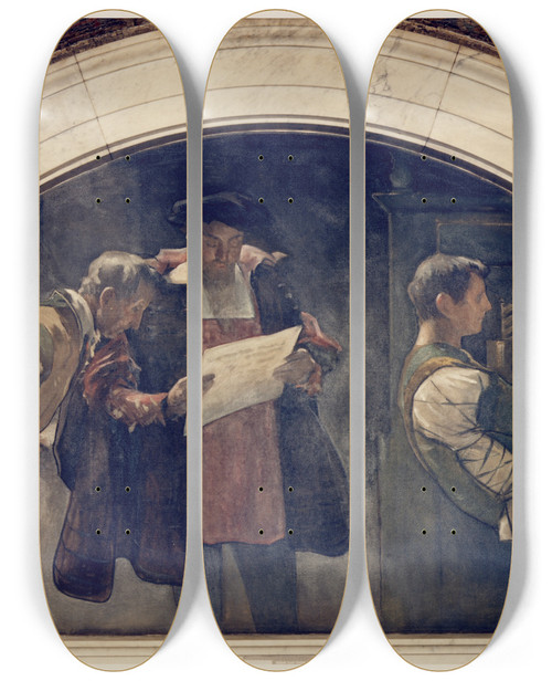 Triptych art skateboard deck of John White Alexander Printing Press Mural In Evolution Of The Book Series by John White Alexander (1856-1915)