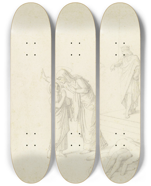 Triptych art skateboard deck of Johann Friedrich Overbeck Ein Rmischer Kaiser Befielt Den Tod Einer Jungen Martyrerin Die Durch Eine Heilige Zur Standhaftigkeit Inspiriert Wird by Johann Friedrich Overbeck (1789-1869)