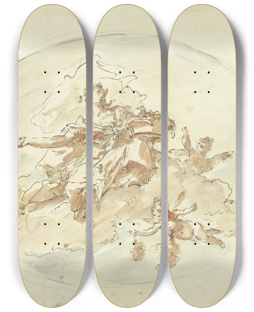 Triptych art skateboard deck of Gaspare Diziani In Wolken Schwebender Weiblicher Genius Mit Krone by Gaspare Diziani (1689-1767)
