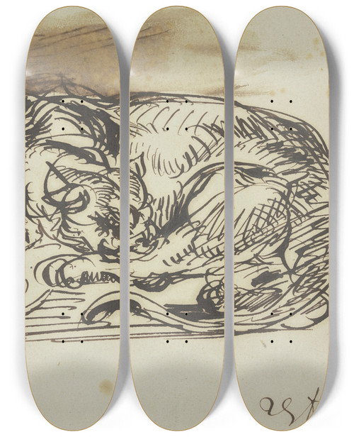 Triptych art skateboard deck of Eugne Delacroix Lwin Ihre Linke Hinterpfote Leckend by Eugene Delacroix (1798-1863)