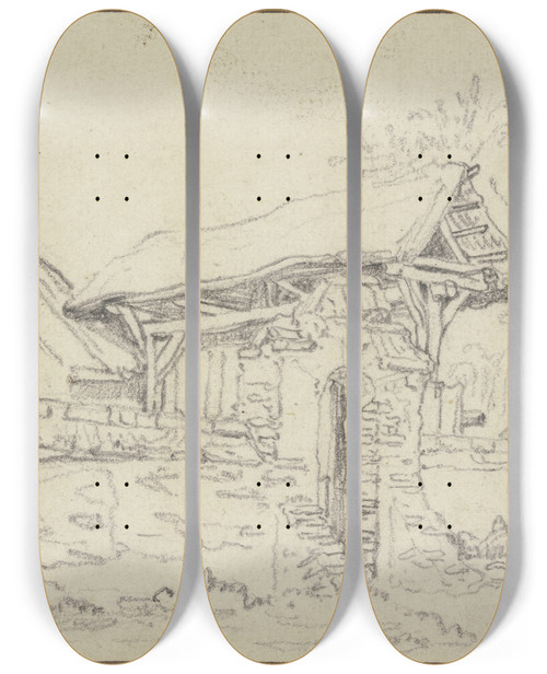 Triptych art skateboard deck of Lambert Doomer Dorfkirchhof Rechts Ein Mann by Lambert Doomer (1623-1700)