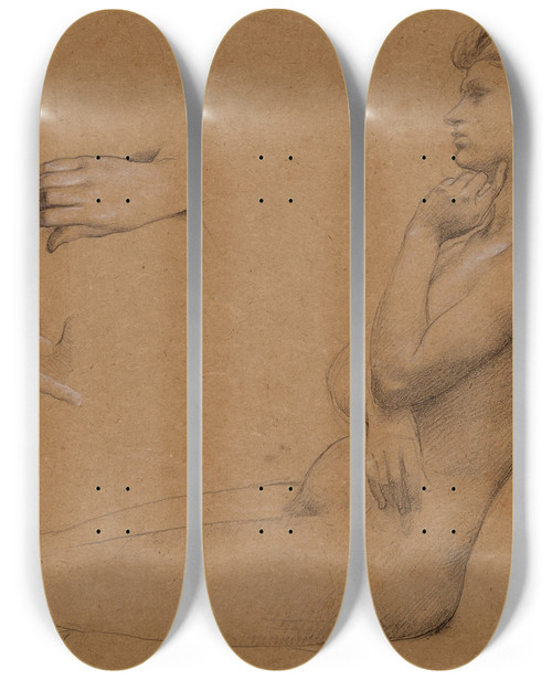 Triptych art skateboard deck of Lucolivier Merson Nu De Femme Assise Et Tude De Mains Et De Visage by Luc-Olivier Merson (1846-1920)