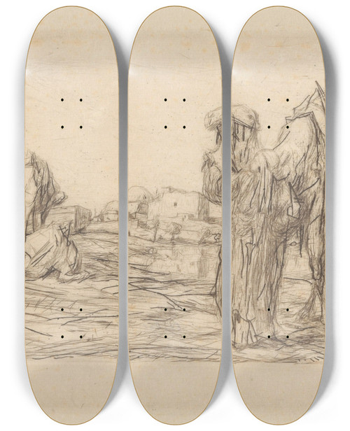 Triptych art skateboard deck of Marius Bauer Kamelen Met Drijver Voor Een Stad by Marius Bauer (1867-1932)