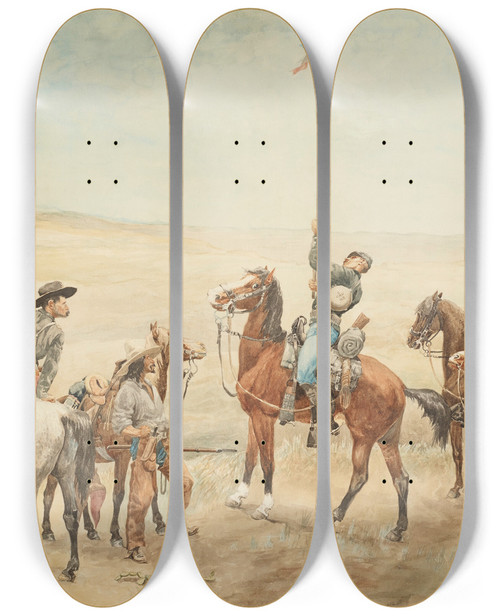 Triptych art skateboard deck of Frederic Remington Signaling The Main Command by Frederic Remington (1861-1909)