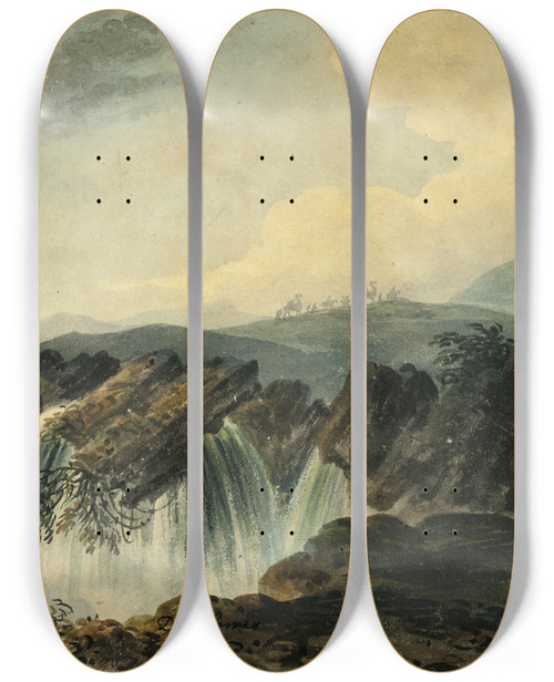 Triptych art skateboard deck of Dominic Serres Camel Caravan Crossing Plane Above Waterfall by Dominic Serres (1722-1793)