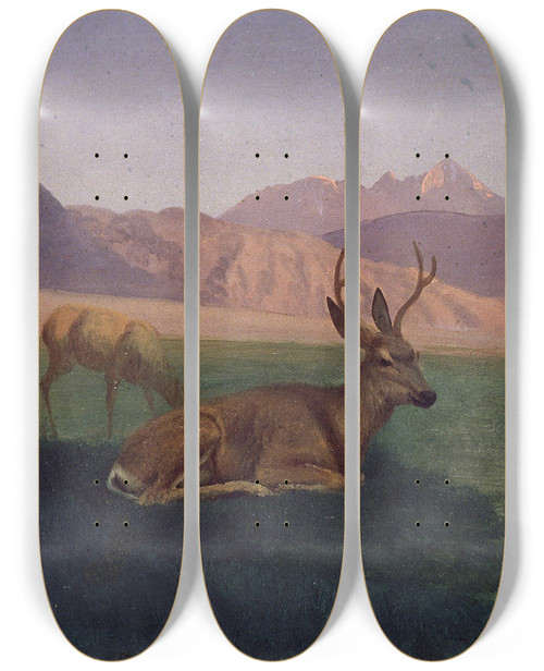 Triptych art skateboard deck of Albert Bierstadt Deer by Albert Bierstadt (1830-1902)