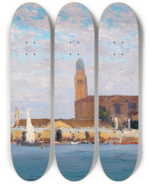 Triptych art skateboard deck of Alfred Zoff A View Of The Cathedral In Chioggia_2 by Alfred Zoff (1852-1927)