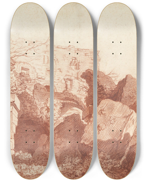 Triptych art skateboard deck of Joseph Benot Suve Ruins Of The Colosseum by Joseph Benoit Suvee (1743-1807)