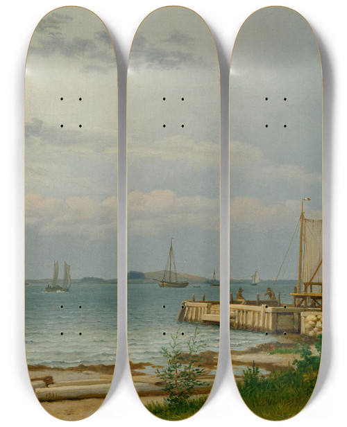 Triptych art skateboard deck of Christoffer Wilhelm Eckersberg View Towards Koster From The Jetty At Kallehave by Christoffer Wilhelm Eckersberg (1783-1853)