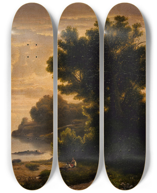 Triptych art skateboard deck of Robert S Duncanson Landscape With Family By Lake by Robert S Duncanson (1821-1872)