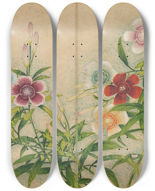 Triptych art skateboard deck of Zhang Ruoai Pinks by Zhang Ruoai (1713-1746)