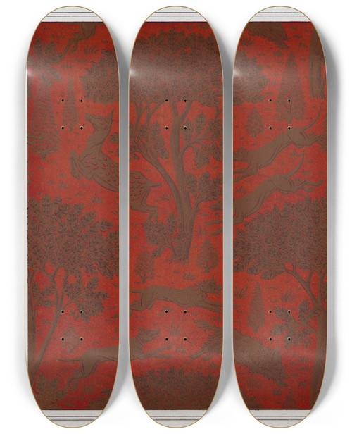 Triptych art skateboard deck of Maurice Pillard Verneuil Cacatos Bordure Chiens Chevrettes Et Marcassins Cuir Gaufr Et Dor by Maurice Pillard Verneuil (1869-1942)