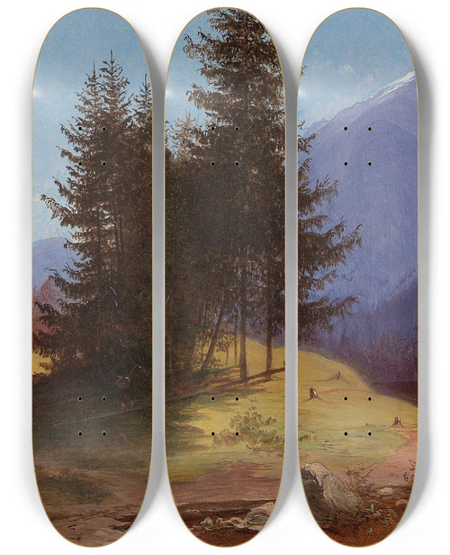 Triptych art skateboard deck of Franz Steinfeld Landscape With Group Of Trees And Woodcutters by Franz Steinfeld (1787-1868)