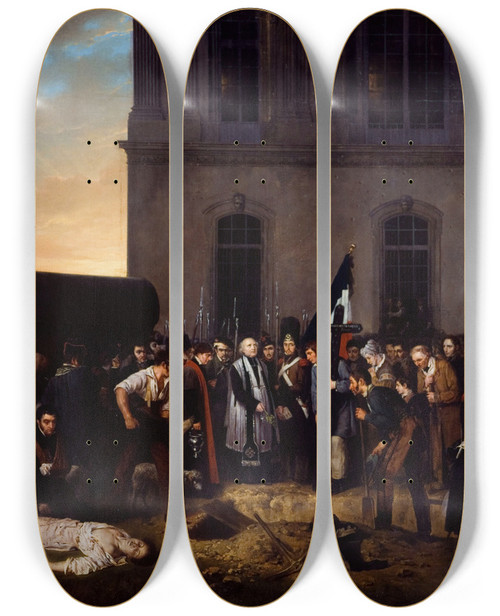 Triptych art skateboard deck of Jeanalphonse Roehn Inhumation Provisoire Des Victimes De Juillet Devant La Colonnade Du Louvre by Jean-Alphonse Roehn (1799-1864)