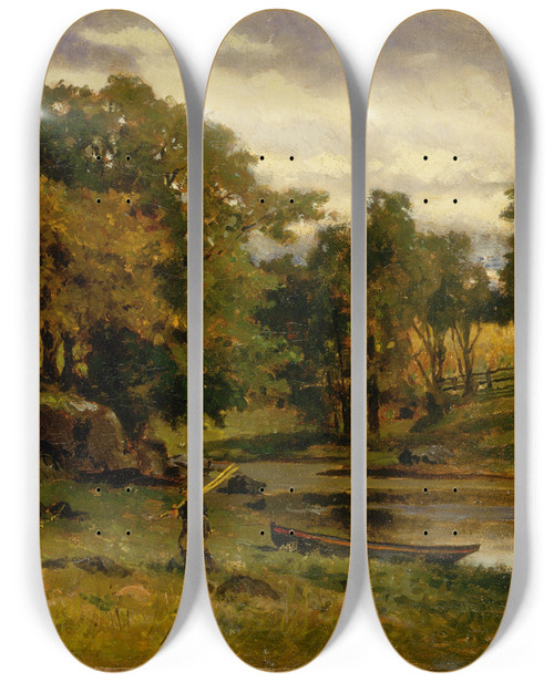 Triptych art skateboard deck of Edward Mitchell Bannister Untitled Landscape Boat Moored Near Stream Man Walking In Foreground by Edward Mitchell Bannister (1828-1901)