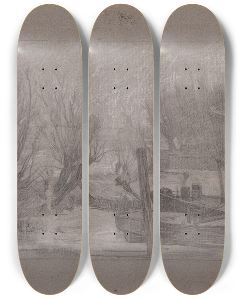 Triptych art skateboard deck of Jan Veth Schepen In Een Vaart Bij Knotwilgen by Jan Veth (1864-1925)