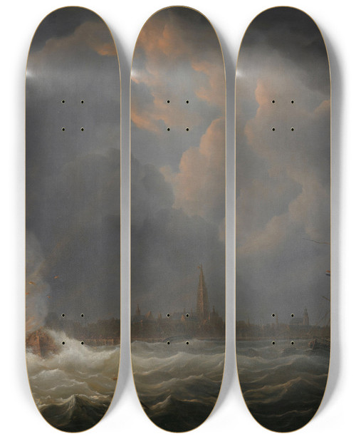 Triptych art skateboard deck of Martinus Schouman The Explosion Of Gunboat Nr 2 Under Command Of Jan Van Speijk Off Antwerp 5 February 1831 by Martinus Schouman (1770-1848)