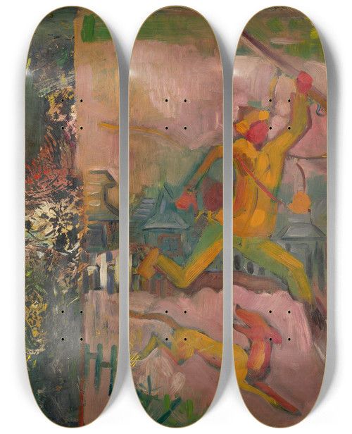Triptych art skateboard deck of Arnold Peter Weiszkubnan Running Hunter With A Rifle by Arnold Peter Weisz-Kubnan (1898-1944)
