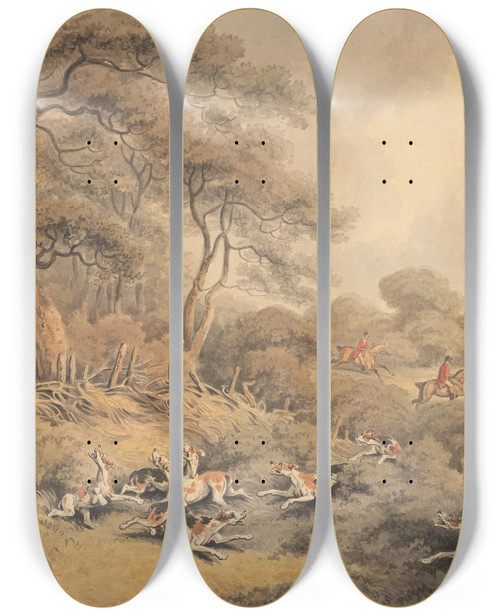 Triptych art skateboard deck of Samuel Howitt Foxhunting Stopping Hounds That Have Changed by Samuel Howitt (1756-1822)