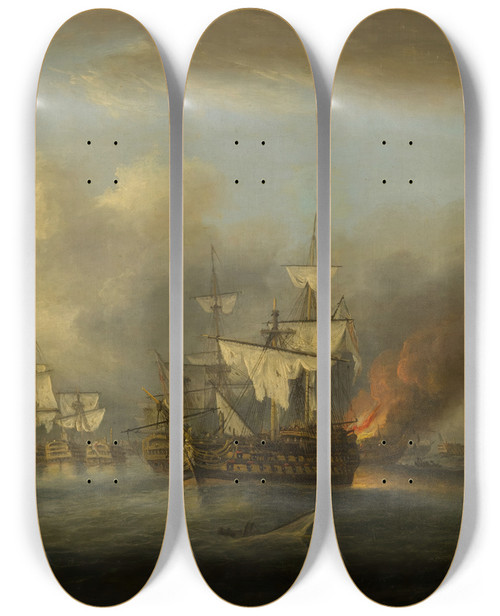 Triptych art skateboard deck of Thomas Luny End Of The Battle Of Trafalgar 1805 by Thomas Luny (1759-1837)