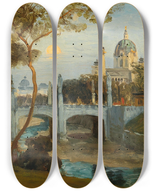 Triptych art skateboard deck of Anton Hlavacek A View Of The Wien River And The Church Of St Charles by Anton Hlavacek (1842-1926)