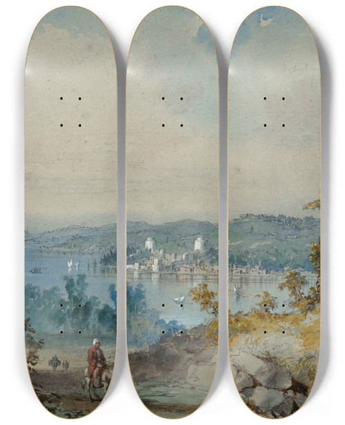 Triptych art skateboard deck of Count Amadeo Preziosi View Over The Bosphorus Showing The Fortress Of Rumeli Hissar Rumelihisar Constantinople by Count Amadeo Preziosi