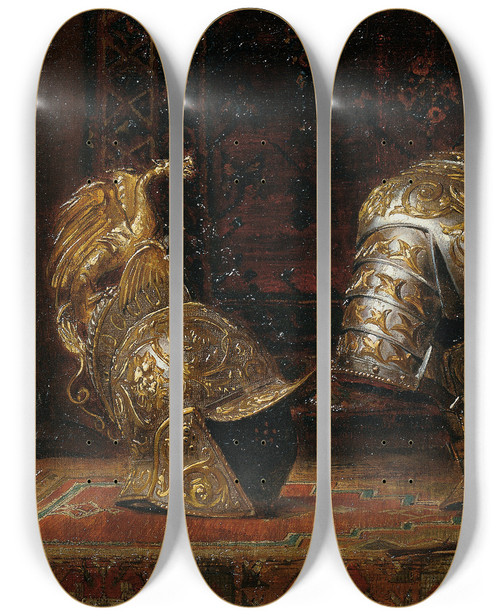 Triptych art skateboard deck of Ernst Klimt Still Life With Armor by Ernst Klimt (1864-1892)