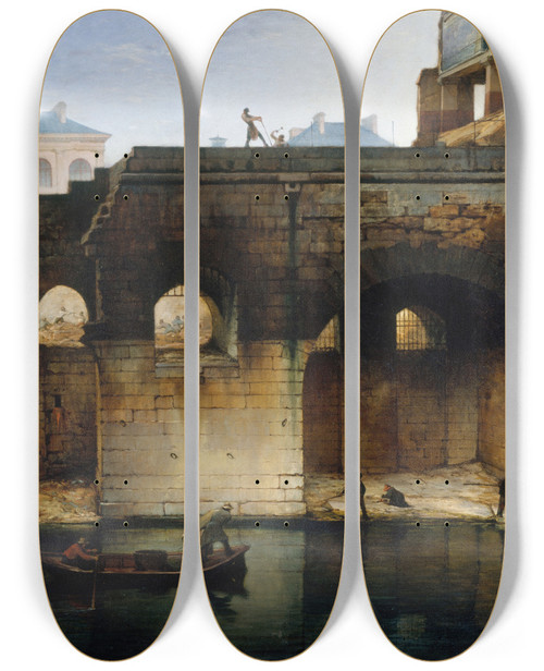Triptych art skateboard deck of Jeancharles Geslin Dmolition De Lancien Hteldieu Les Cagnards by Jean-Charles Geslin (1814-1887)