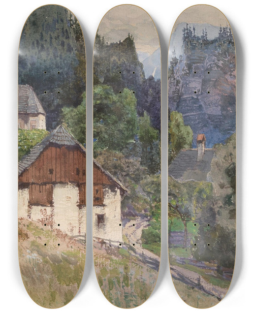 Triptych art skateboard deck of Fritz Lach A View Of Johnsbach In Gesuse Mountain Region by Fritz Lach (1868-1933)