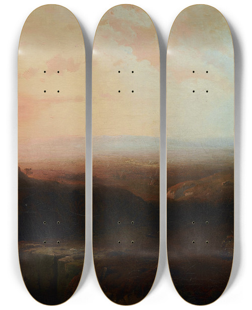 Triptych art skateboard deck of Thomas Moran Mountain Scene by Thomas Moran (1837-1926)
